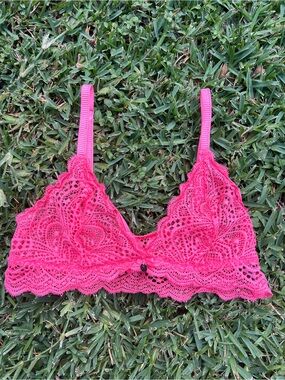 LOV Neon Pink Floral Lace Bralette Women's Small Sheer Unlined Pullover